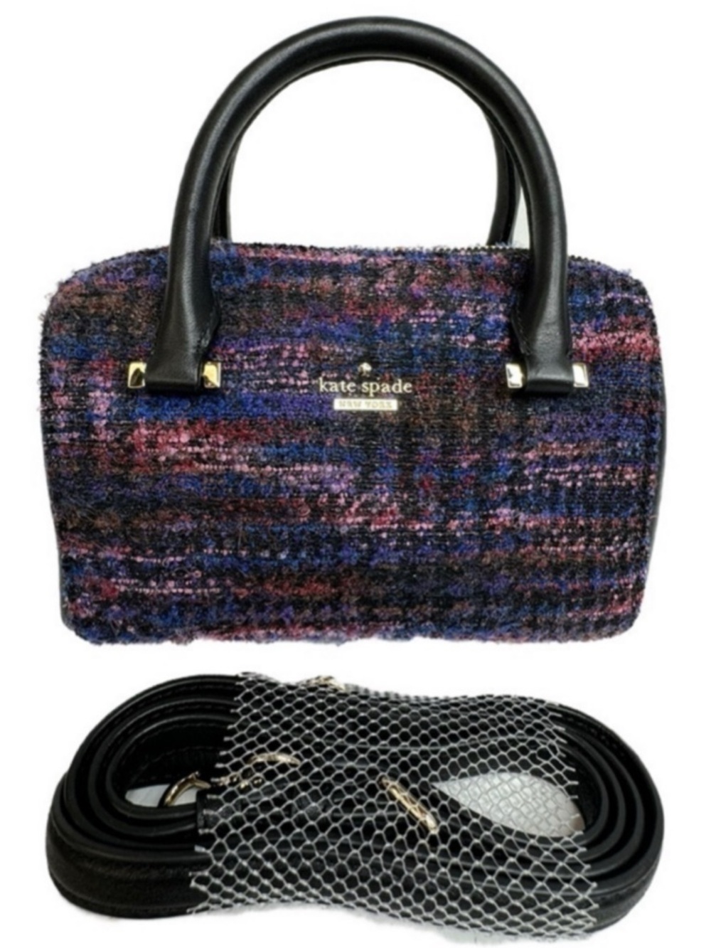 Kate Spade Tweed Leather Emerson Lane Satchel Crossbody Purple Black Bag
